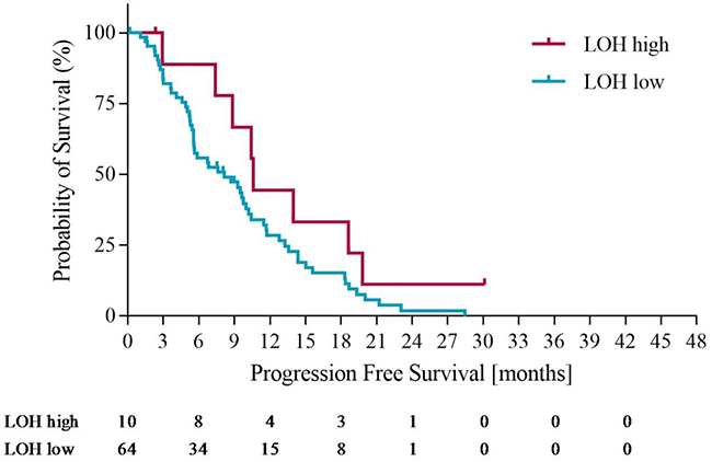 Figure 6: Progression free survival in LOH-high and LOH-low groups with operated patients censored at time of potentially curative surgery.